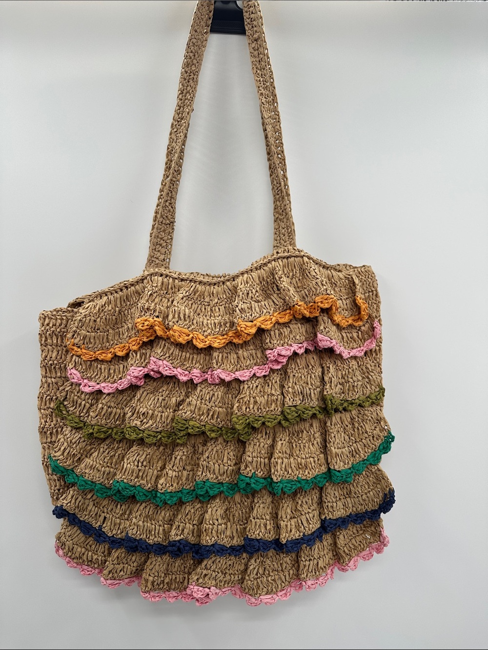 MAEVE by Anthropologie Ruffled Paper Raffia Tote Bag with Multicolor Trim